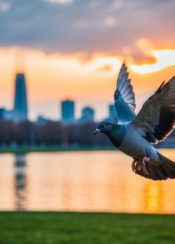 Uma pomba cinza voando sobre um parque da cidade pacífico ao pôr do sol