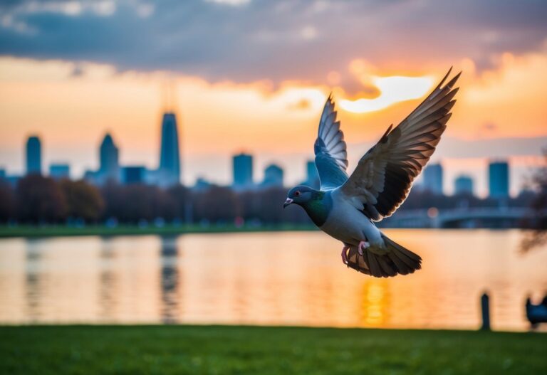 Uma pomba cinza voando sobre um parque da cidade pacífico ao pôr do sol