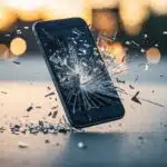 Um telefone caindo e se quebrando em uma superfície dura
