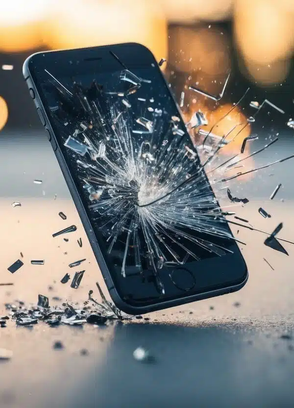 Um telefone caindo e se quebrando em uma superfície dura