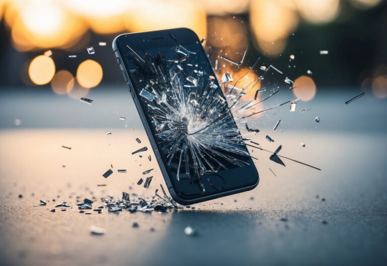 Um telefone caindo e se quebrando em uma superfície dura
