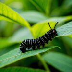 Uma lagarta preta sonhando entre folhas verdes vibrantes