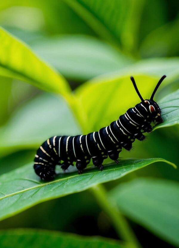 Uma lagarta preta sonhando entre folhas verdes vibrantes
