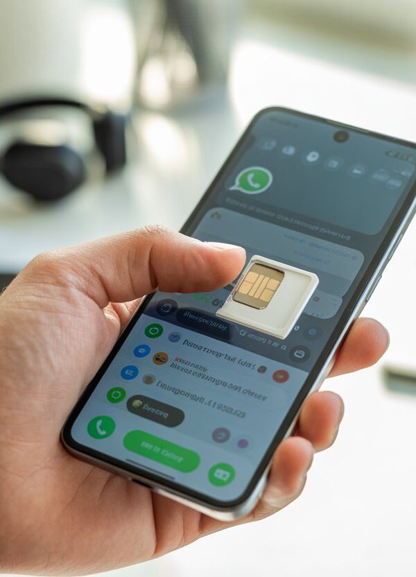 Uma mão segurando um smartphone com a bandeja do chip parcialmente ejetada, mostrando o aplicativo WhatsApp aberto na tela.