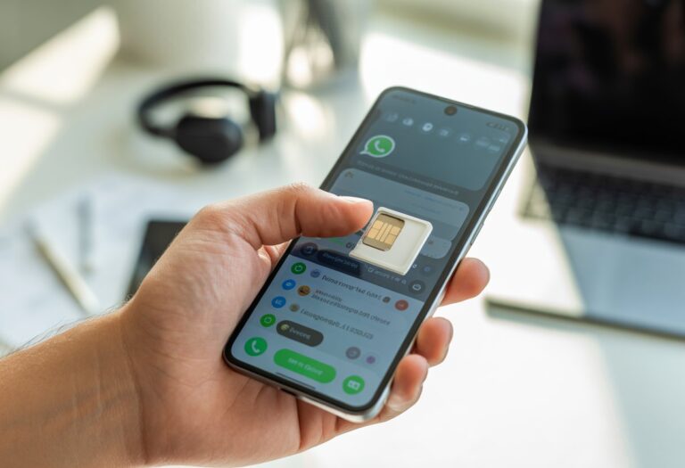 Uma mão segurando um smartphone com a bandeja do chip parcialmente ejetada, mostrando o aplicativo WhatsApp aberto na tela.