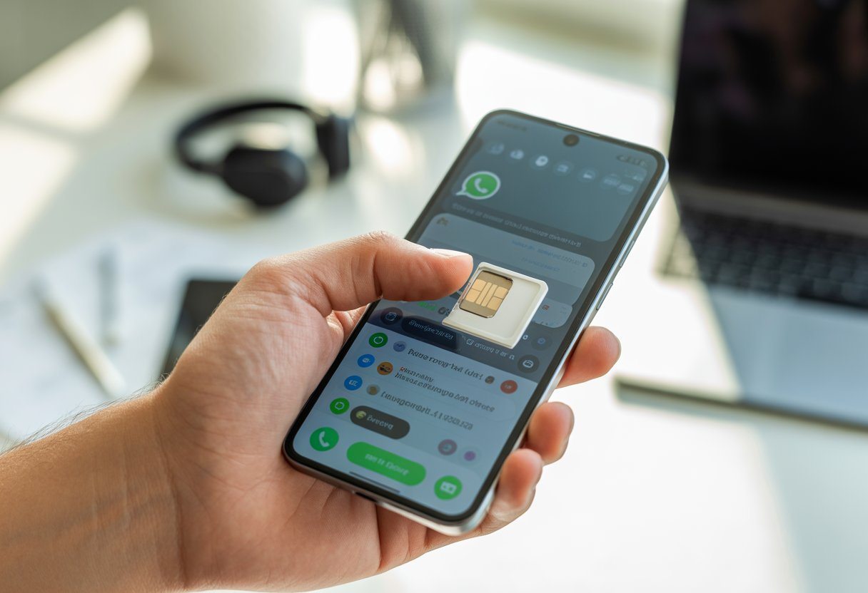 Uma mão segurando um smartphone com a bandeja do chip parcialmente ejetada, mostrando o aplicativo WhatsApp aberto na tela.