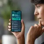 Pessoa segurando um smartphone mostrando a seção de status do WhatsApp, olhando para a tela com expressão pensativa.