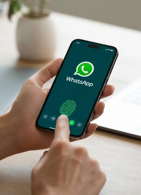 Pessoa segurando um smartphone com o aplicativo WhatsApp aberto, interagindo com o dispositivo em uma mesa de escritório organizada.