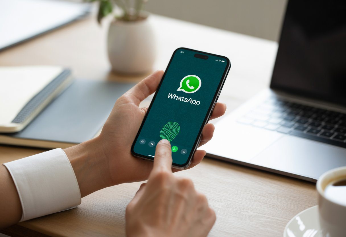 Pessoa segurando um smartphone com o aplicativo WhatsApp aberto, interagindo com o dispositivo em uma mesa de escritório organizada.