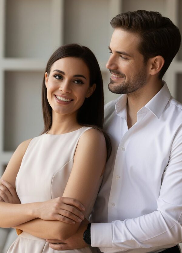 Um casal elegante e sorridente em uma sala de estar moderna, mostrando conexão e apoio mútuo.