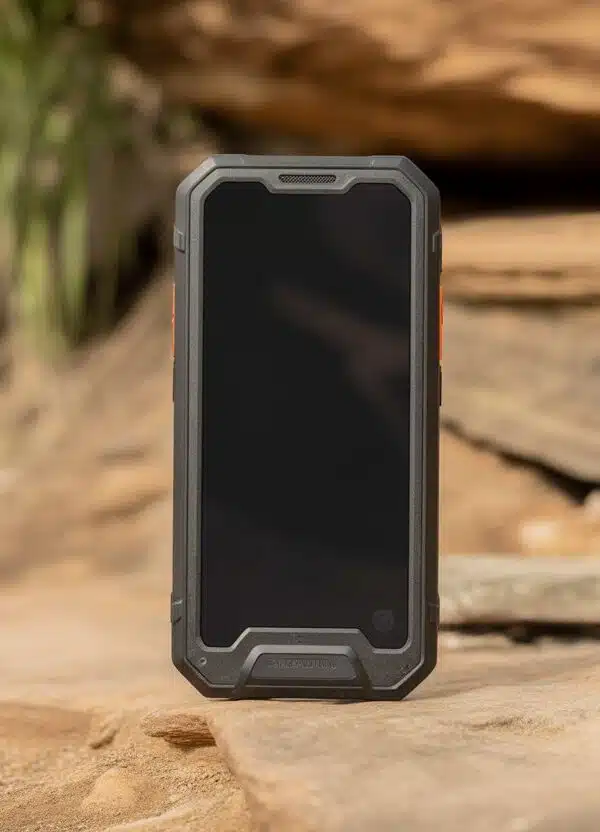 Um modelo de celular robusto sobre uma superfície rochosa ao ar livre, destacando sua resistência e proteção reforçada.