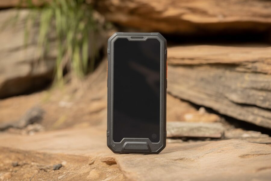 Um modelo de celular robusto sobre uma superfície rochosa ao ar livre, destacando sua resistência e proteção reforçada.