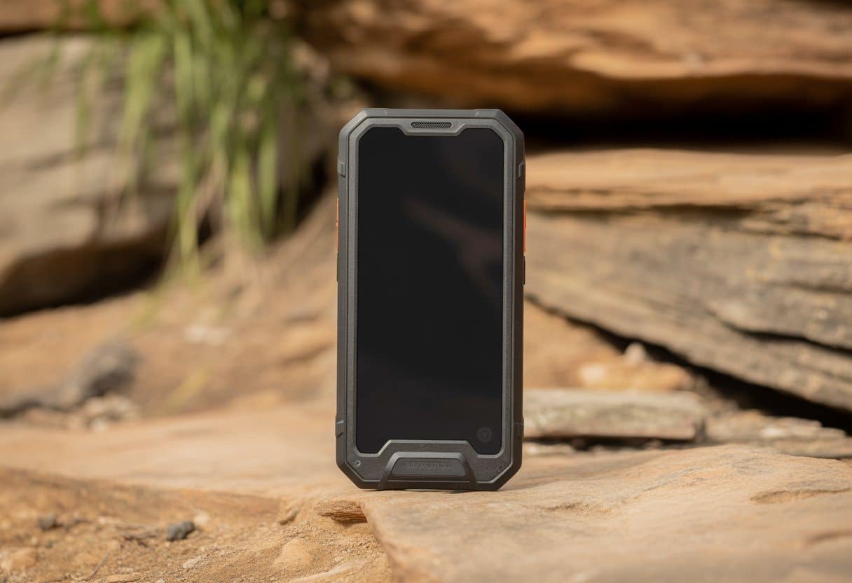 Um modelo de celular robusto sobre uma superfície rochosa ao ar livre, destacando sua resistência e proteção reforçada.