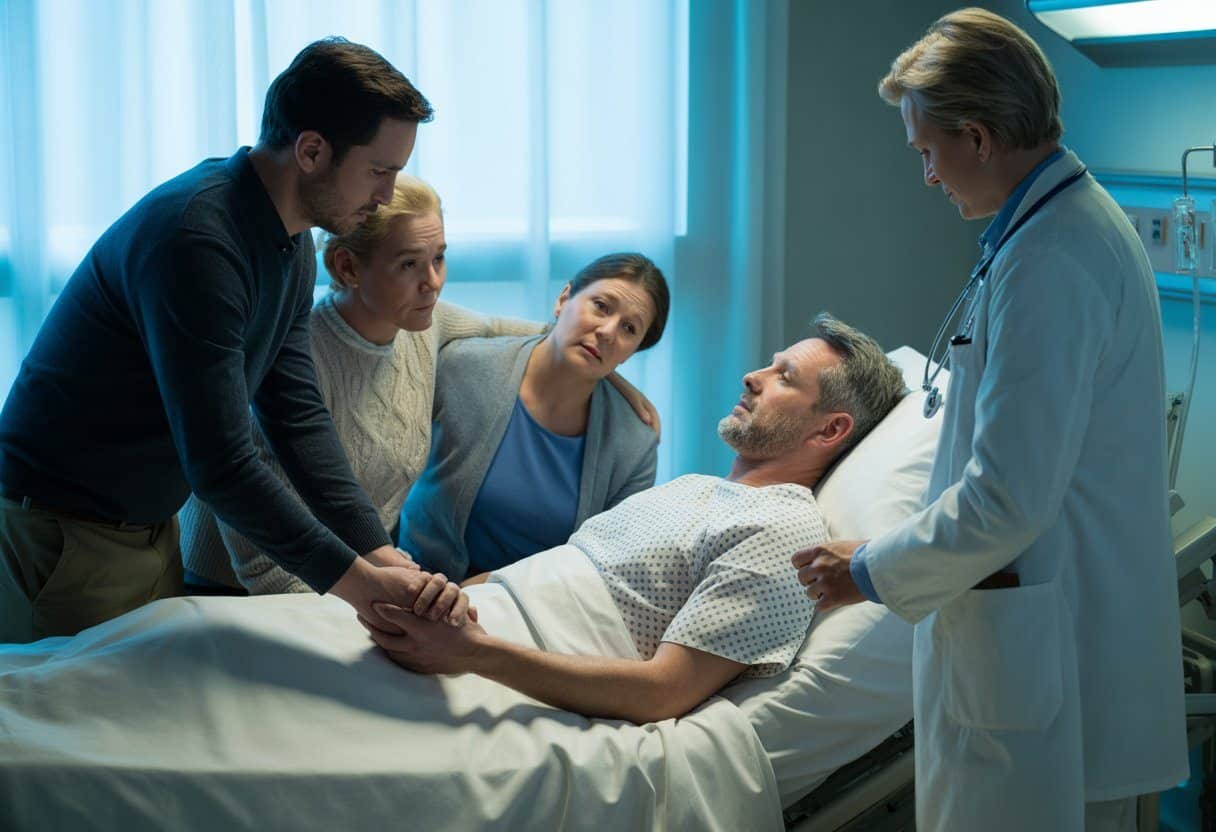 Homem de meia-idade deitado em um leito de hospital cercado por familiares preocupados e um médico compassivo.