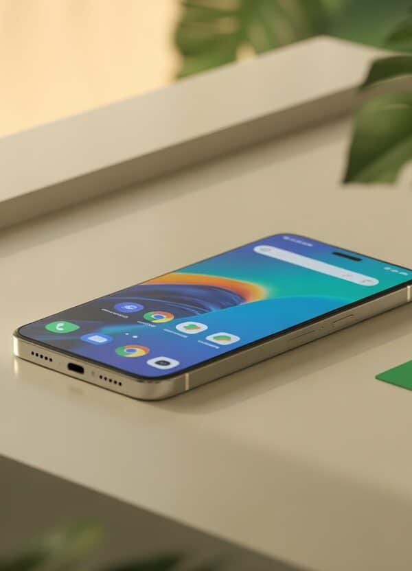 Um smartphone moderno em uma superfície limpa com elementos que remetem ao Brasil ao fundo.