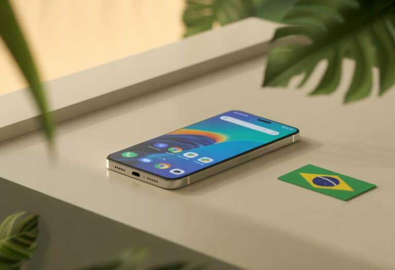 Um smartphone moderno em uma superfície limpa com elementos que remetem ao Brasil ao fundo.