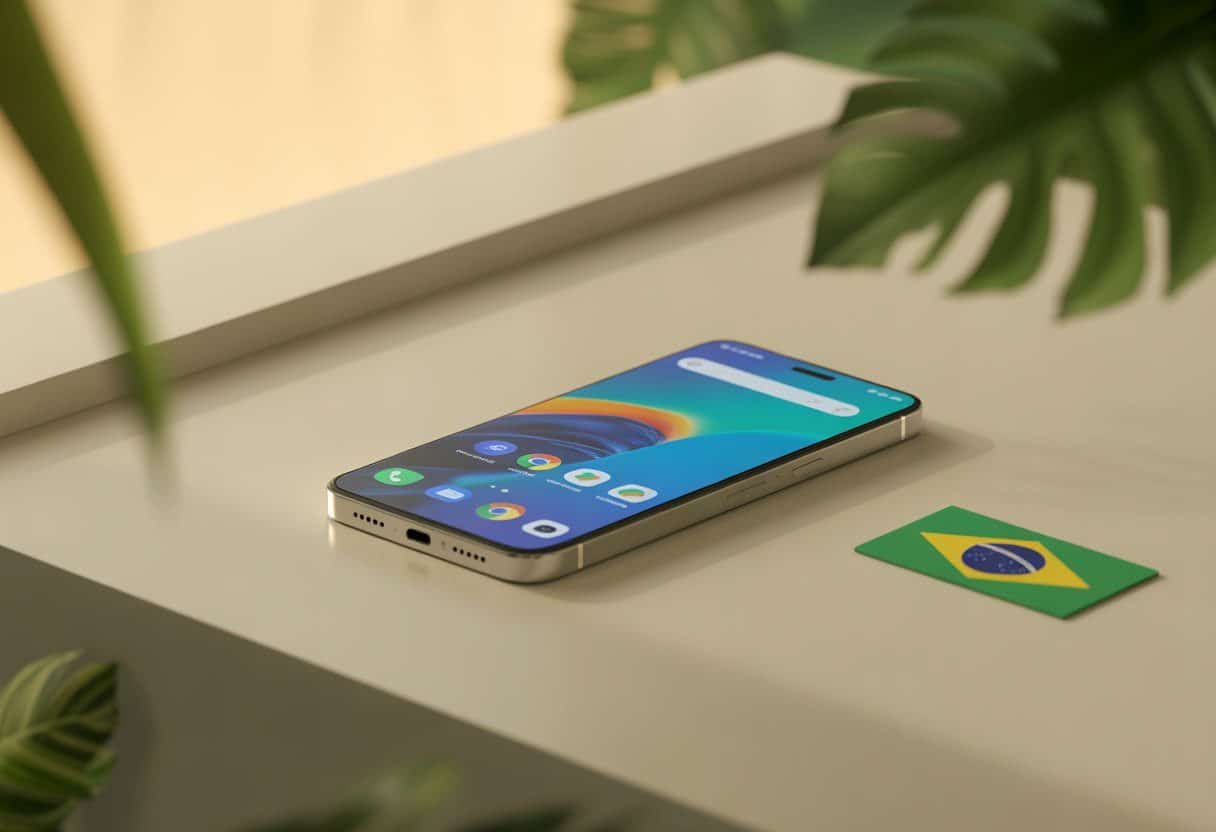 Um smartphone moderno em uma superfície limpa com elementos que remetem ao Brasil ao fundo.