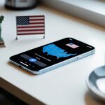 Um iPhone moderno sobre uma mesa branca com um mapa dos Estados Unidos na tela e objetos que representam a cultura americana ao redor.