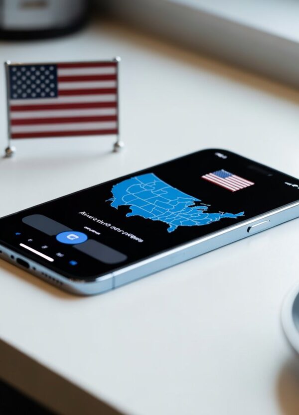 Um iPhone moderno sobre uma mesa branca com um mapa dos Estados Unidos na tela e objetos que representam a cultura americana ao redor.