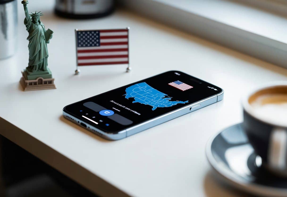 Um iPhone moderno sobre uma mesa branca com um mapa dos Estados Unidos na tela e objetos que representam a cultura americana ao redor.