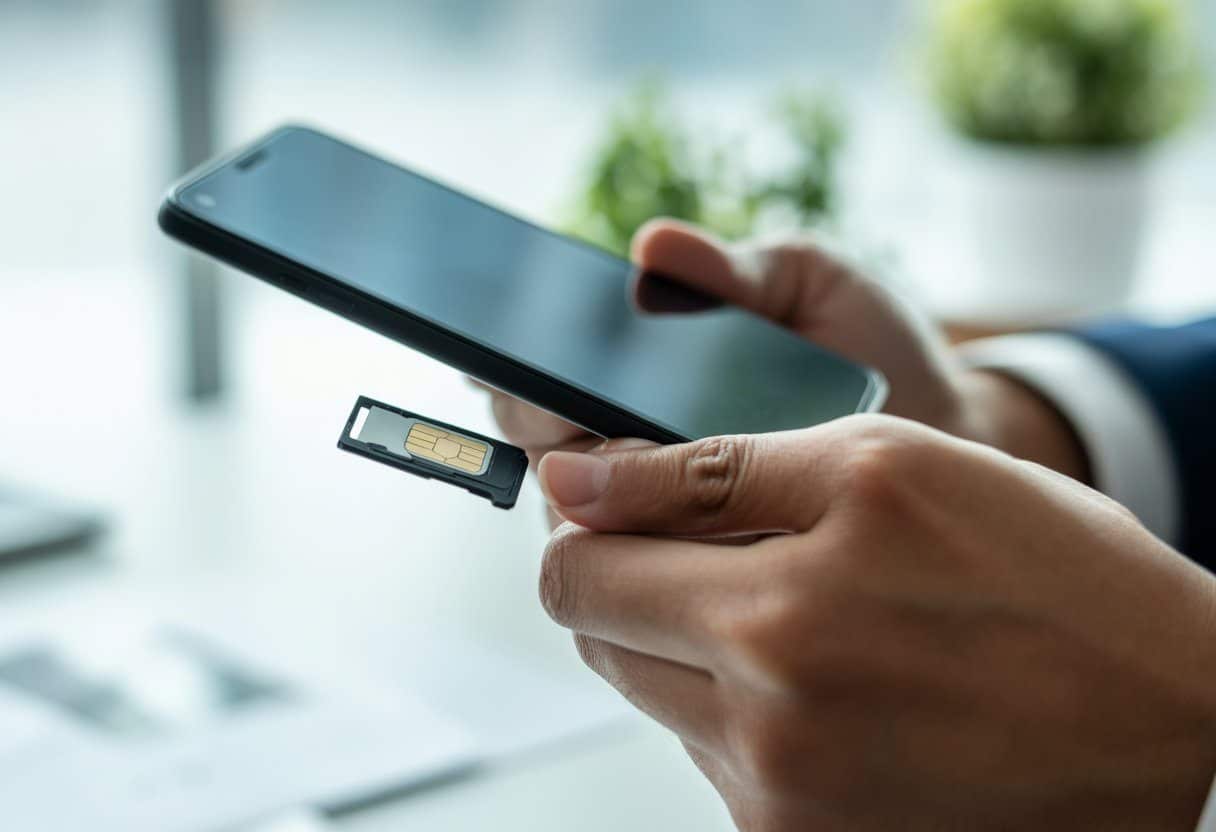 Pessoa segurando um smartphone com o compartimento do chip parcialmente aberto, em um ambiente de escritório claro.