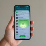 Pessoa segurando um smartphone com o aplicativo WhatsApp aberto na tela, mostrando a lista de conversas.
