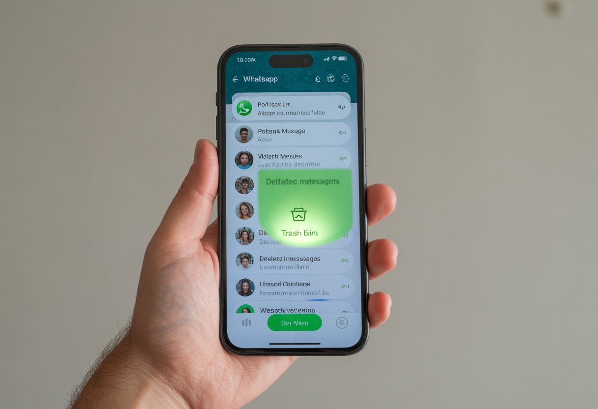 Pessoa segurando um smartphone com o aplicativo WhatsApp aberto na tela, mostrando a lista de conversas.