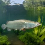 Um peixe pirarucu grande nadando em águas claras de um rio com plantas aquáticas ao redor e uma floresta tropical ao fundo.