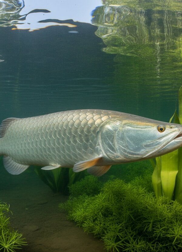 Um peixe pirarucu grande nadando em águas claras de um rio com plantas aquáticas ao redor e uma floresta tropical ao fundo.