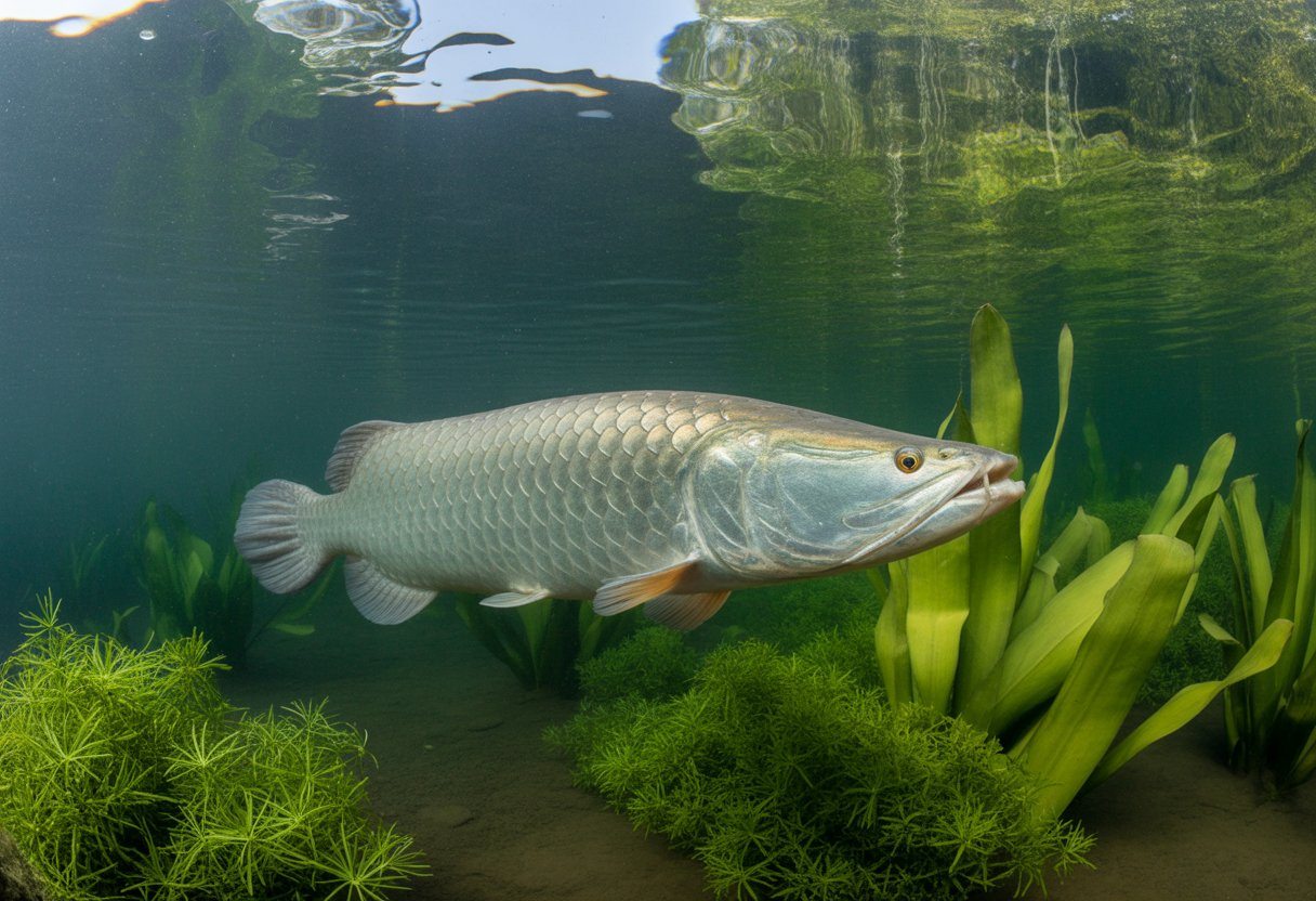 Um peixe pirarucu grande nadando em águas claras de um rio com plantas aquáticas ao redor e uma floresta tropical ao fundo.