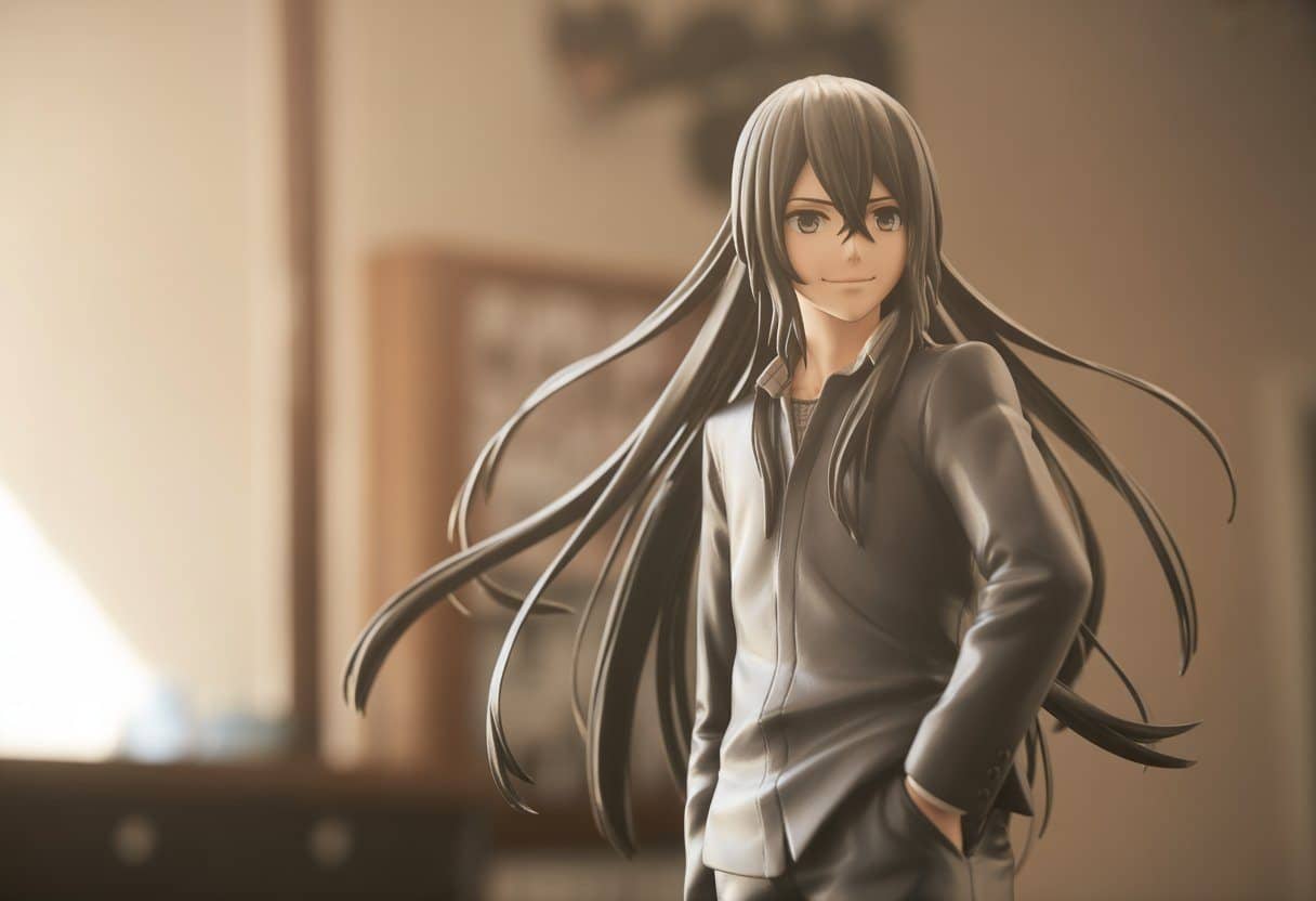 Personagem de anime com cabelo longo, sorrindo levemente, em um ambiente com iluminação natural e fundo desfocado.