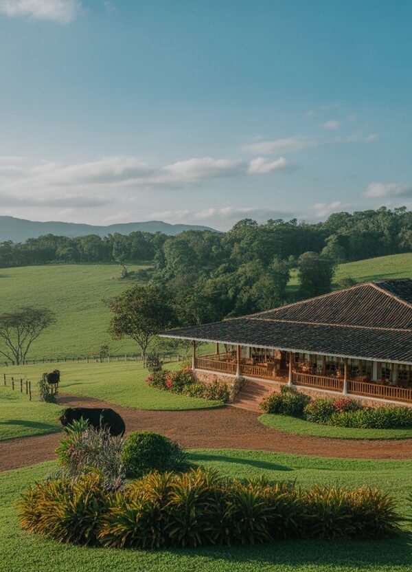 Hotel fazenda rústico cercado por pastagens verdes, flores coloridas, animais pastando e colinas ao fundo próximo a Uberlândia.