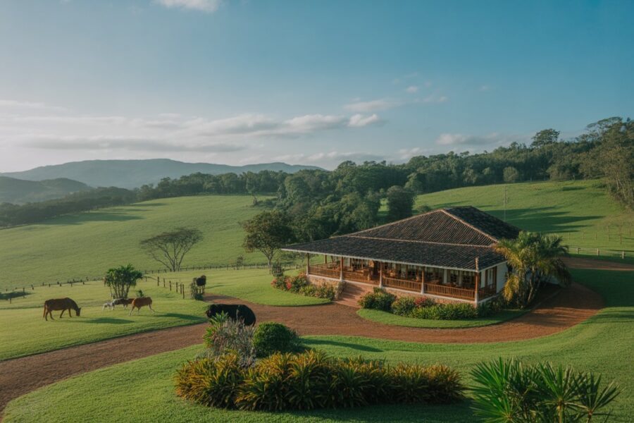 Hotel fazenda rústico cercado por pastagens verdes, flores coloridas, animais pastando e colinas ao fundo próximo a Uberlândia.