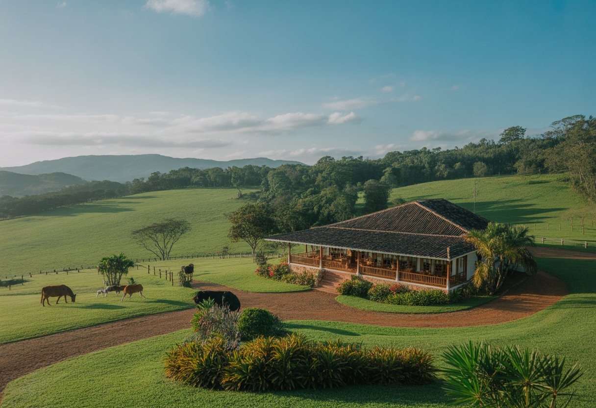 Hotel fazenda rústico cercado por pastagens verdes, flores coloridas, animais pastando e colinas ao fundo próximo a Uberlândia.