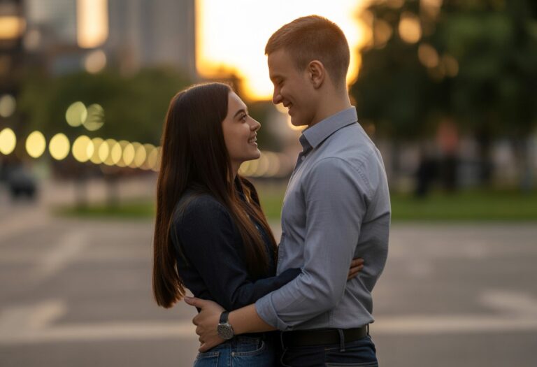 Um homem e uma mulher jovens estão juntos em um parque urbano ao pôr do sol, olhando um para o outro com carinho.