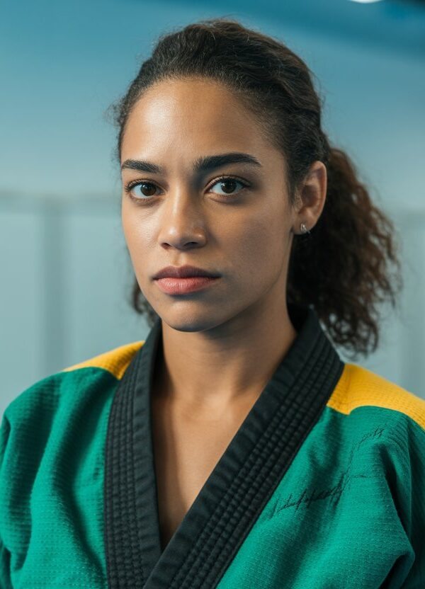 Mulher brasileira jovem e confiante vestindo roupa de artes marciais em uma academia moderna.