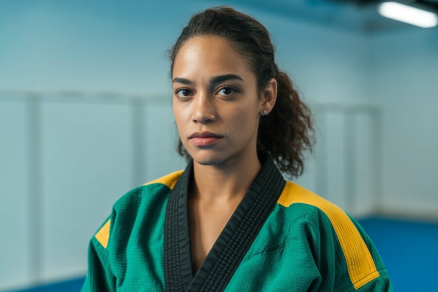 Mulher brasileira jovem e confiante vestindo roupa de artes marciais em uma academia moderna.