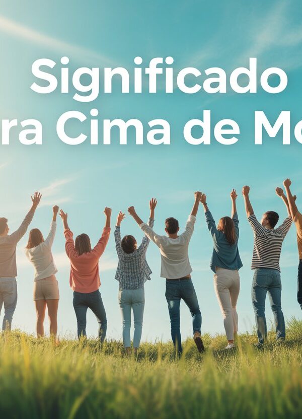 Grupo de pessoas diversas celebrando ao ar livre em uma colina verde sob céu azul, com braços levantados em sinal de alegria e esperança.