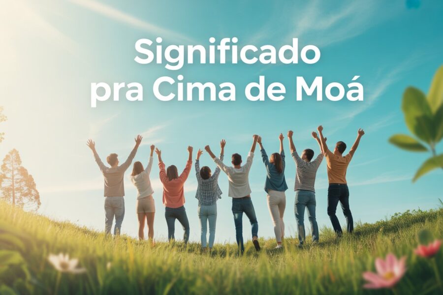 Grupo de pessoas diversas celebrando ao ar livre em uma colina verde sob céu azul, com braços levantados em sinal de alegria e esperança.