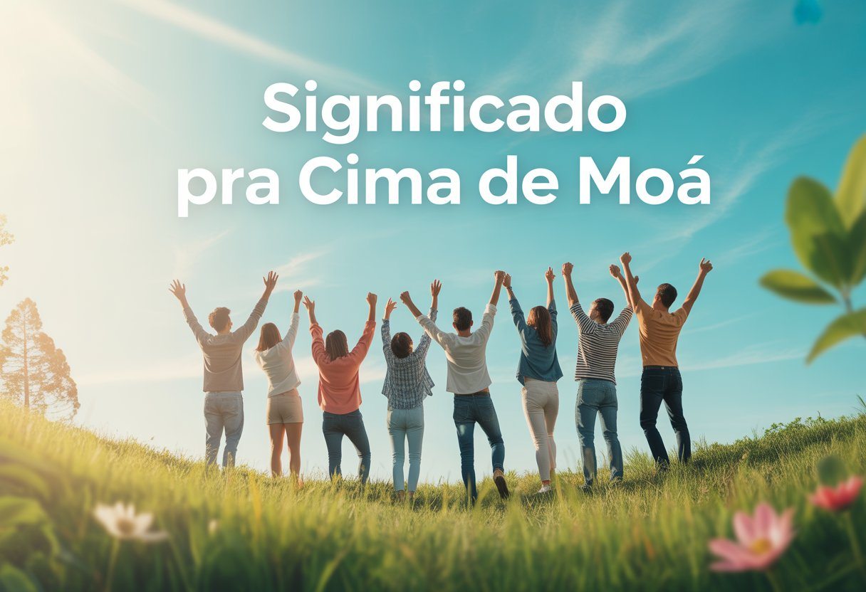 Grupo de pessoas diversas celebrando ao ar livre em uma colina verde sob céu azul, com braços levantados em sinal de alegria e esperança.