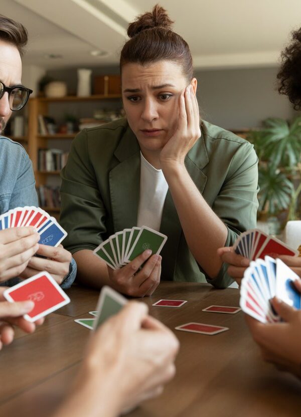 Grupo de adultos jogando cartas em uma mesa, com expressões de dúvida e atenção durante o jogo.