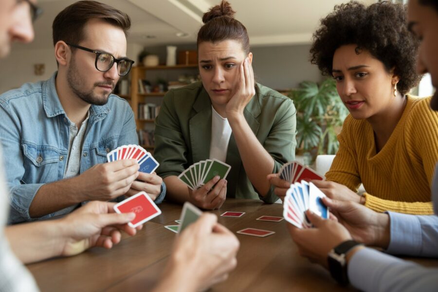 Grupo de adultos jogando cartas em uma mesa, com expressões de dúvida e atenção durante o jogo.