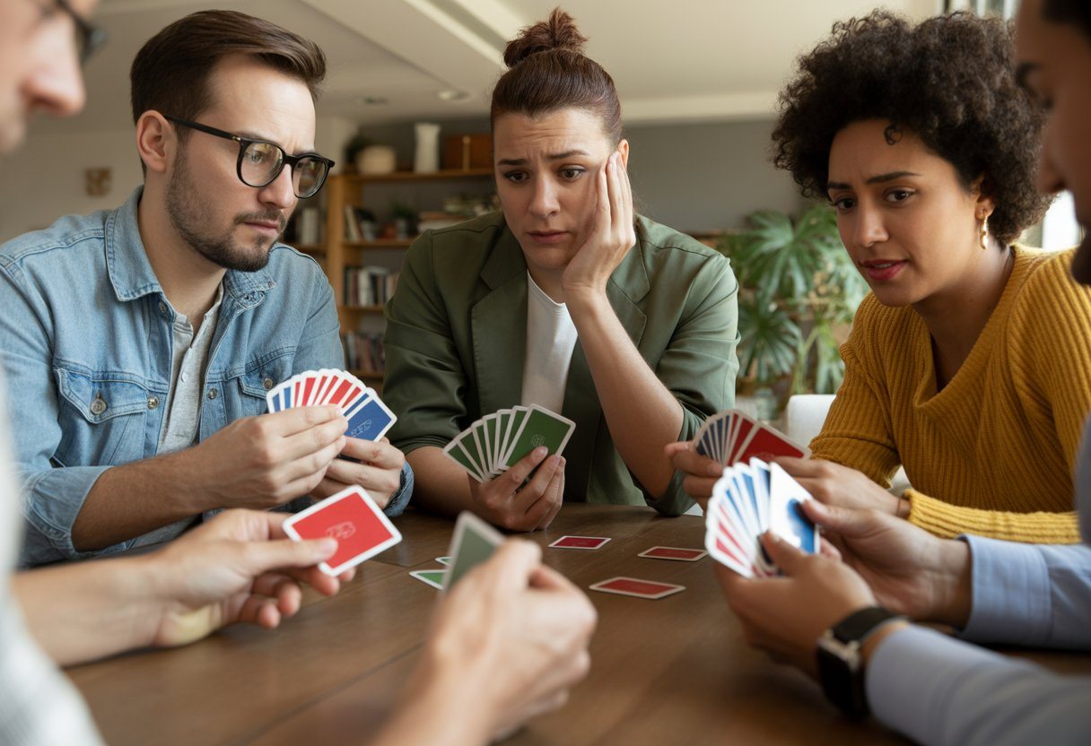 Grupo de adultos jogando cartas em uma mesa, com expressões de dúvida e atenção durante o jogo.