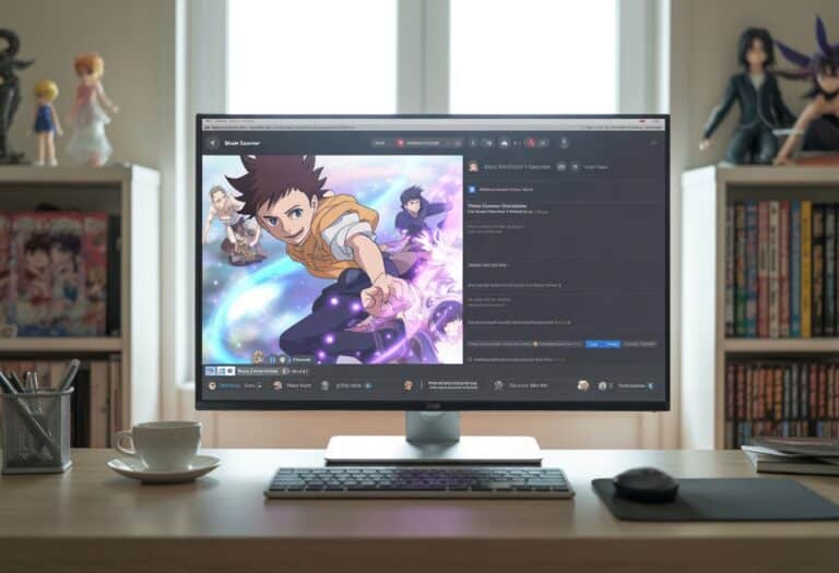Um escritório doméstico moderno com um computador exibindo uma cena colorida do anime Black Clover, com personagens em ação e efeitos mágicos, sem texto na tela.