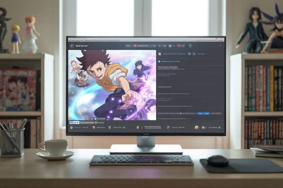 Um escritório doméstico moderno com um computador exibindo uma cena colorida do anime Black Clover, com personagens em ação e efeitos mágicos, sem texto na tela.