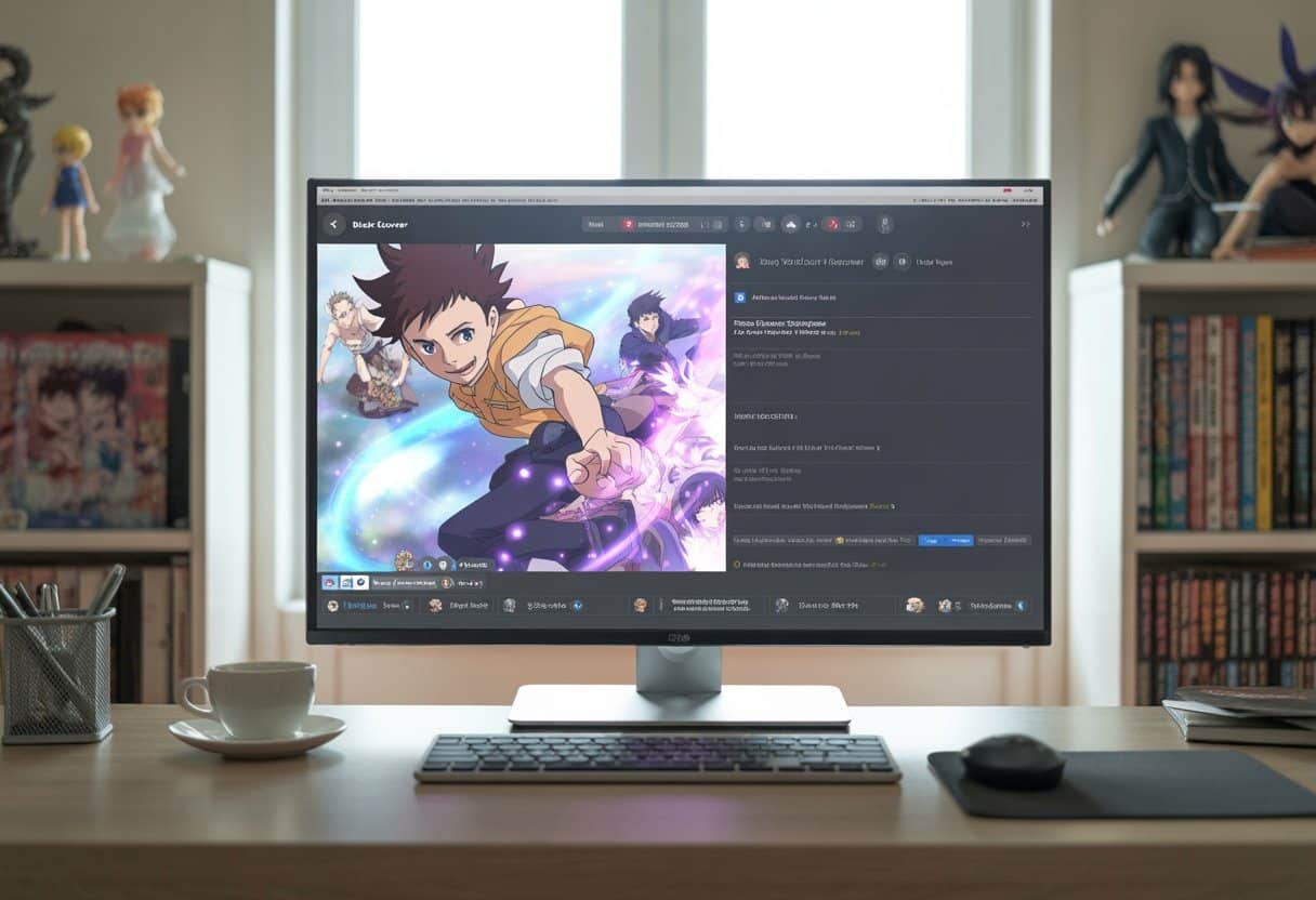 Um escritório doméstico moderno com um computador exibindo uma cena colorida do anime Black Clover, com personagens em ação e efeitos mágicos, sem texto na tela.