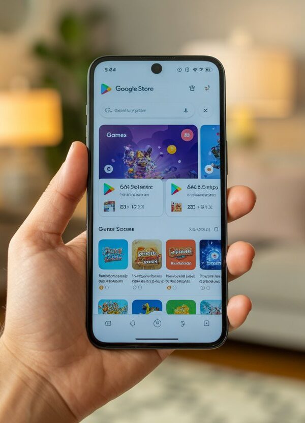 Pessoa segurando um smartphone com a tela aberta na seção de jogos da Play Store.