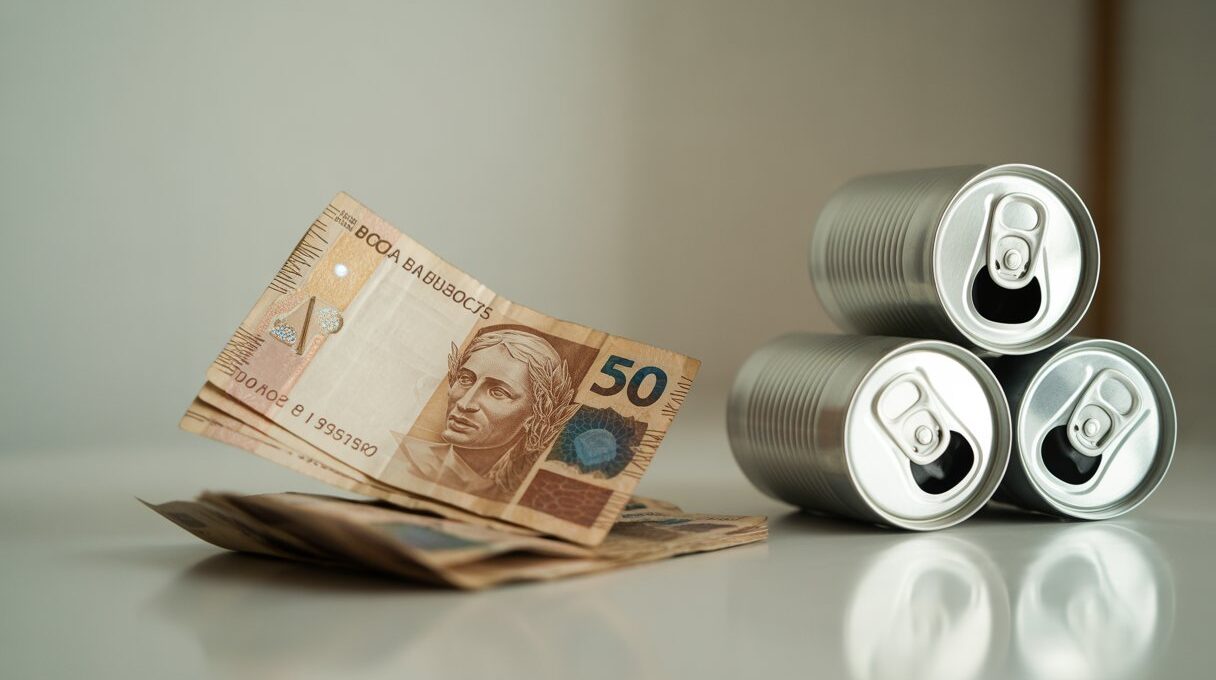 Notas de cinquenta reais ao lado de latinhas de bebida sobre uma superfície limpa.