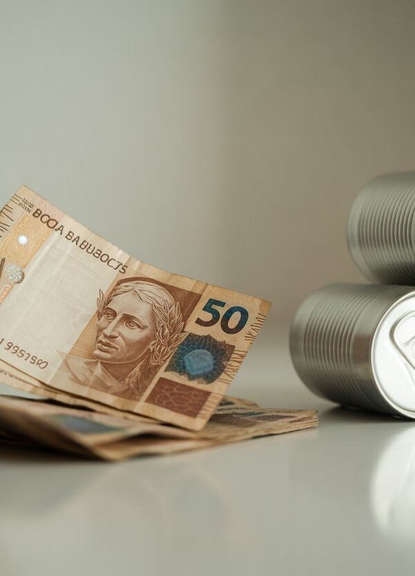 Notas de cinquenta reais ao lado de latinhas de bebida sobre uma superfície limpa.