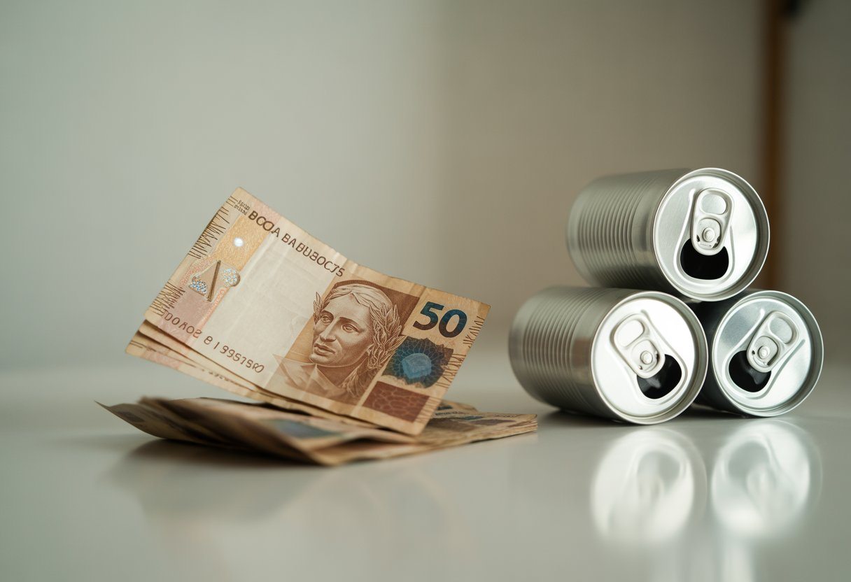 Notas de cinquenta reais ao lado de latinhas de bebida sobre uma superfície limpa.